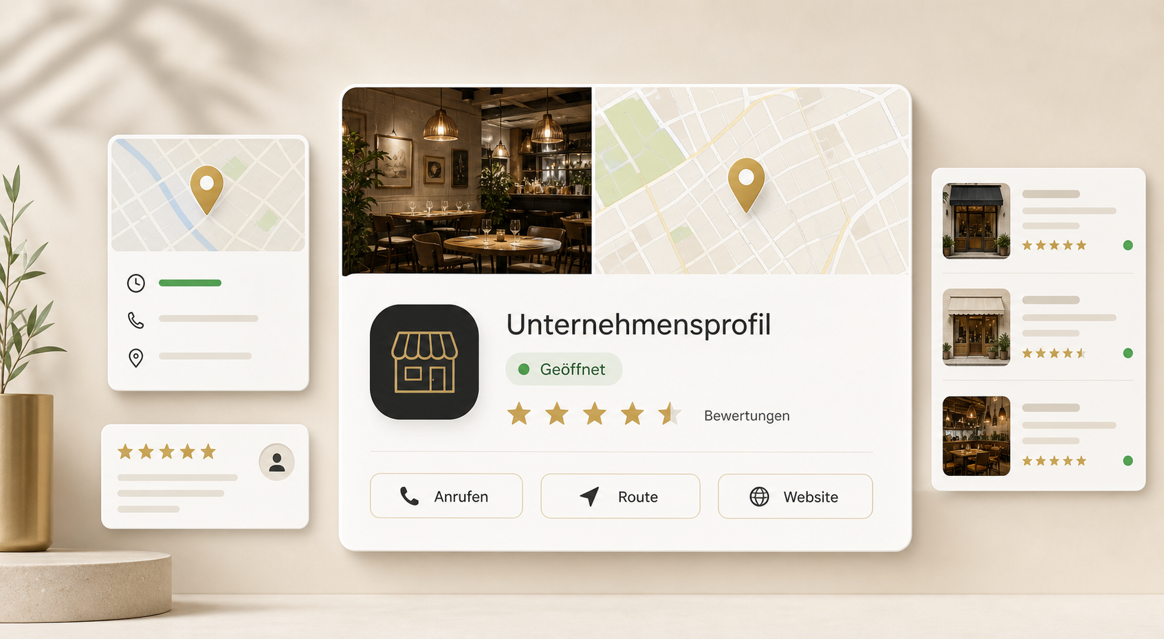 Visualisierung eines lokalen Unternehmensprofils mit Karte, Bewertungen und Kontaktoptionen