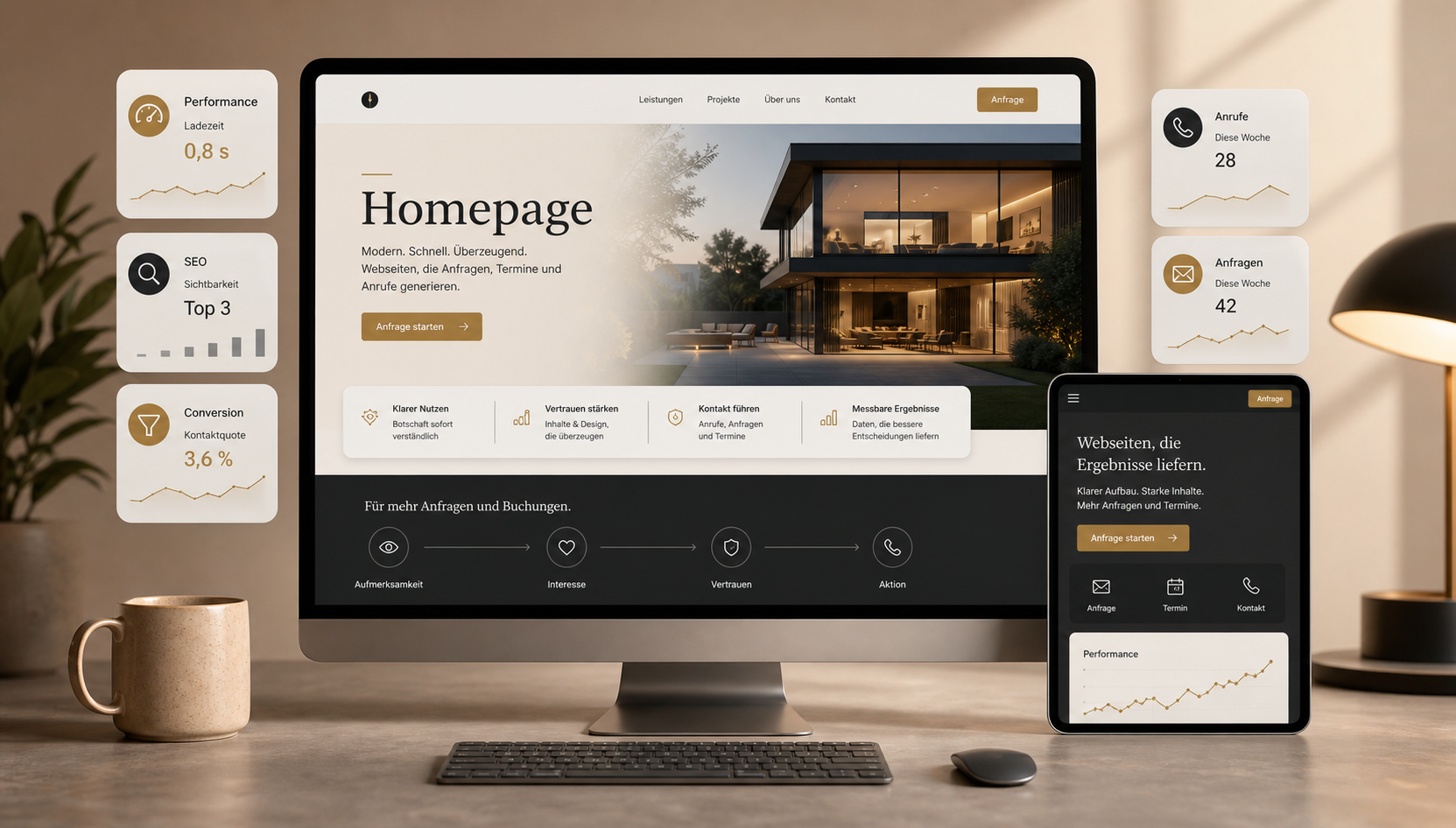 Modern gestaltete und gut performende Homepage als Mockup mit Anfrage- und Performance-Elementen
